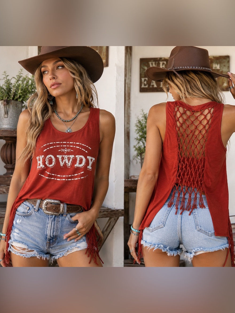 Shyanne Howdy Rust Fringe Cage Back Western Cowgirl Graphic Tank Top